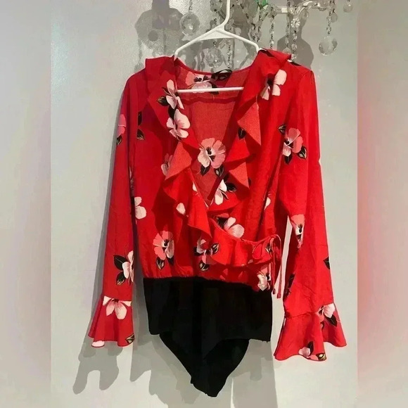 ZARA Red Floral Print Ruffle Shirt Bodysuit Plunge V Neck MEDIUM - Picture 2 of 6